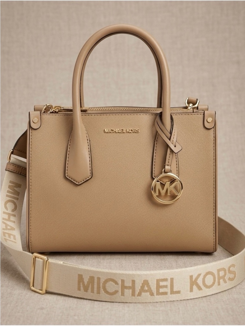 Michael Kors Saffiano Leather Satchel in Beige with Gold Hardware